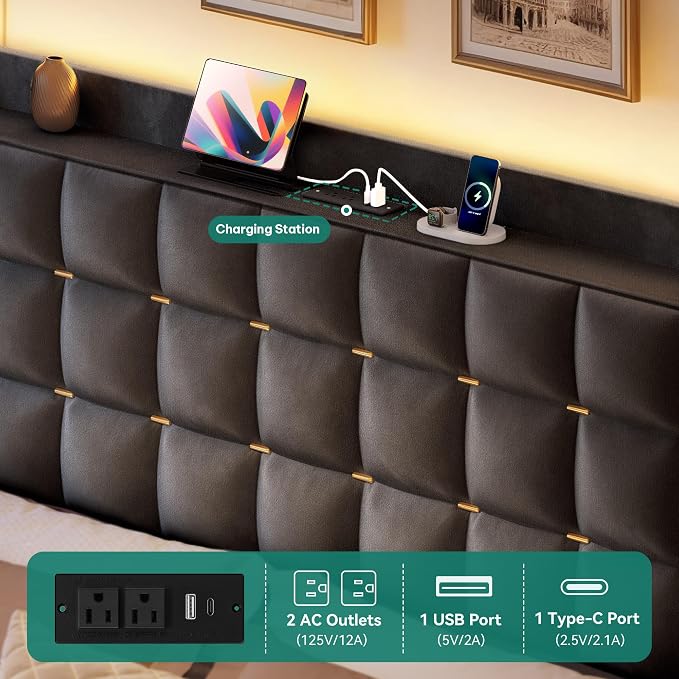 YITAHOME King Size Bed Frame with 4 Drawers and RGB LED Lights, Velvet Upholstered Platform Bed with Charging Station and Storage Headboard, No Box Spring Needed, Easy Assembly, Noise-Free, Dark Grey