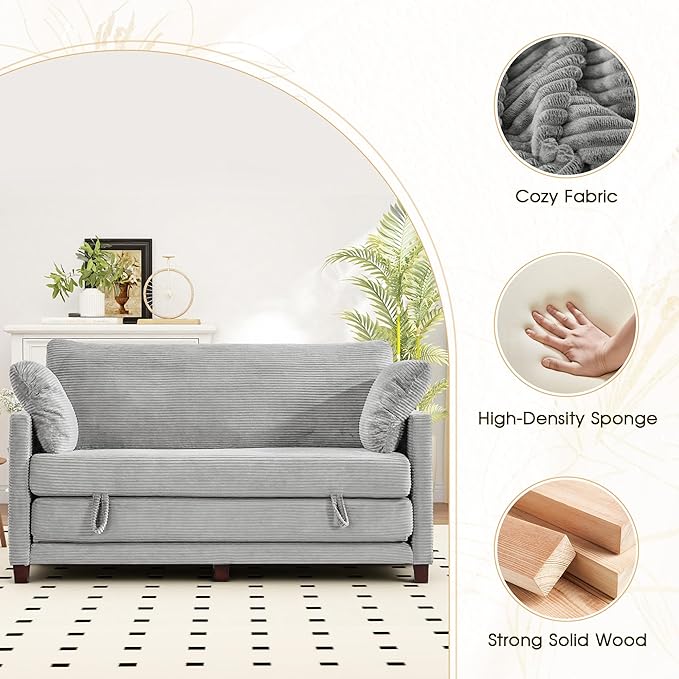 65" Convertible Loveseat Sofa Bed, 2-in-1 Folding Sofa Bed with 2 Pillow for Small Spaces, Modern Loveseat Sleeper Couch for Apartment, Living Room & Guest Room (Corduroy Light Grey, 65 inch)