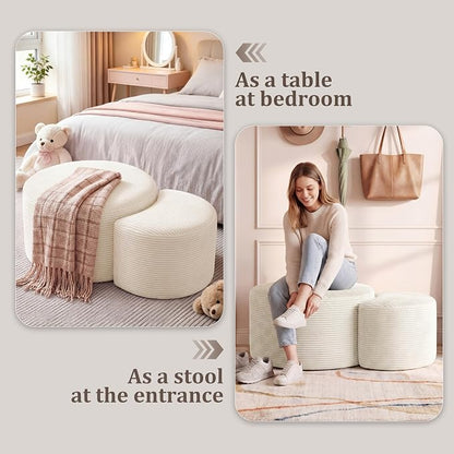 BSHOMGI Round Coffee Table Set of 2, Movable Ottoman for Corduroy Cloud Sectional Couches Circle Foam Round Side Table for Living Room, Bedroom Entryway and Small Spaces No Assembly (Beige)
