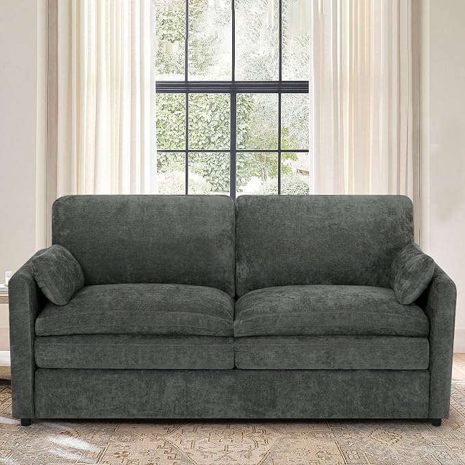 69” Chenille Love seat Sofa w/Arm Pillows, Upholstered 2 Seater Sofa w/Comfortable Back Cushions, Modern 2 Seats Couch w/High-Density Foam for Living Room, Apartment, Office, Grey