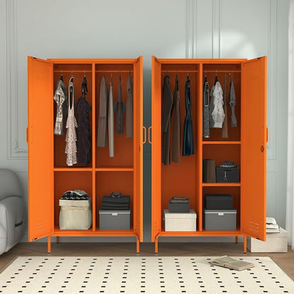 Industrial 67" Orange Lockable Metal 2-Door Storage Cabinet, Multi-Purpose Wardrobe with Hanging Rod & Adjustable Shelves, Heavy Duty for Bedroom, Garage, Home Office 67"H X 31.5"W X 18.1"D