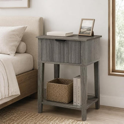 Weathered Gray 15" Wide Small Nightstand, Drawer, Open Shelf, Fluted | Weathered gray tone, ribbed fluted front, 11.8-inch slim depth, concealed storage, cool fit for sofa side or chair side