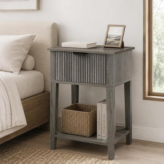 Weathered Gray 15" Wide Small Nightstand, Drawer, Open Shelf, Fluted | Weathered gray tone, ribbed fluted front, 11.8-inch slim depth, concealed storage, cool fit for sofa side or chair side