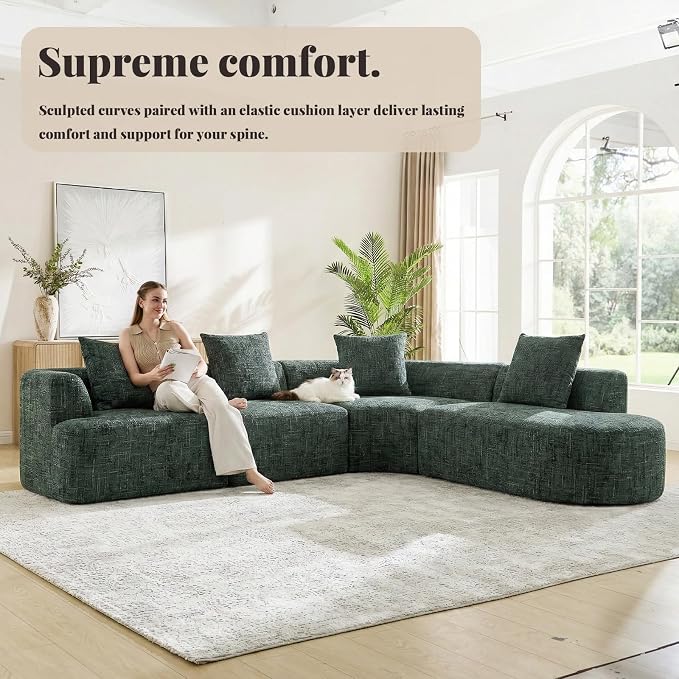 123" Curved Modular Sectional Sofa for Living Room, Oversized Chenille Cloud Couch, L-Shaped Boneless Sofa with Chaise Lounge, Compressed Couch Deep Seat, No Assembly (Green, L-Shape Right Chaise)