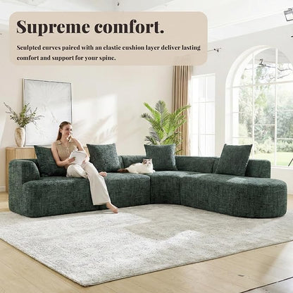 123" Curved Modular Sectional Sofa for Living Room, Oversized Chenille Cloud Couch, L-Shaped Boneless Sofa with Chaise Lounge, Compressed Couch Deep Seat, No Assembly (Green, L-Shape Right Chaise)