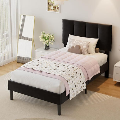 VECELO Twin Size Bed Frame with Upholstered Headboard, Heavy-Duty Bedframe with Wooden Slats & Steel Framework, Easy Assembly, Velvet & Black