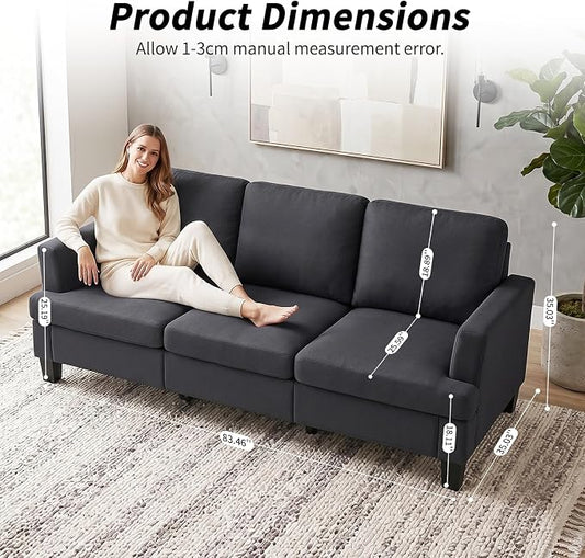 Modern 3 Seater Sofa for Living Room with Soft Deep Seats, Sofa 3 Seater in Linen, Upholstered Apartment Sofa with Armrests, Comfy Cozy Sofas for Bedroom (Linen, Dark Grey)