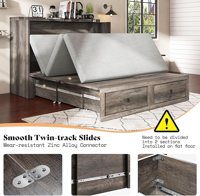 AMERLIFE Queen Murphy Bed with Storage & Charging Station, Farmhouse Murphy Cabinet with Foldable Panel, Noisy Free, for Living Room, Guest Bedroom, Office, Rustic Grey