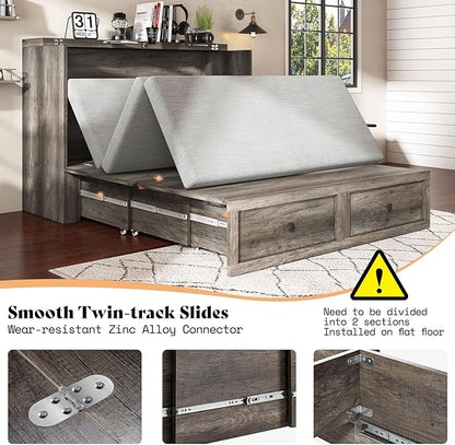 AMERLIFE Queen Murphy Bed with Storage & Charging Station, Farmhouse Murphy Cabinet with Foldable Panel, Noisy Free, for Living Room, Guest Bedroom, Office, Rustic Grey