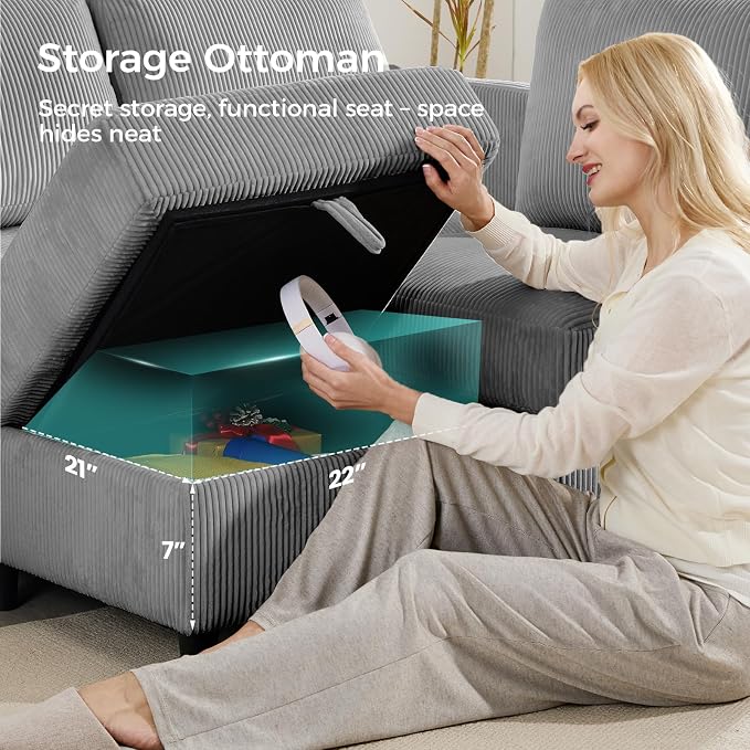 KKL Modular Sectional Sofa Bed with Storage Ottoman, Convertible L/U-Shaped Sleeper Couch for Living Room, Modern Reversible Design (Grey, 4 Seat L Shape)