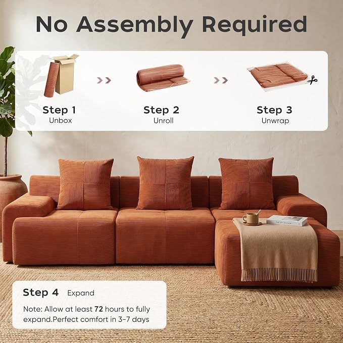118" Sectional Boneless Oversize Modular Couches, Curved Cloud Sectional Sofa for Living Room, Corduroy L Shape Deep Seat Sofa with Ottoman, No Assembly Required,Terracotta Orange