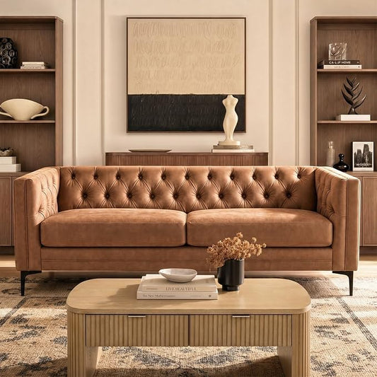 HULALA HOME 84" W Faux Leather Sofa Couch with Metal Legs, Button-Tufted 3-Seater Sofa, Mid Century Modern Upholstered Couch for Living Room, Entertainment Area, Apartment,Camel