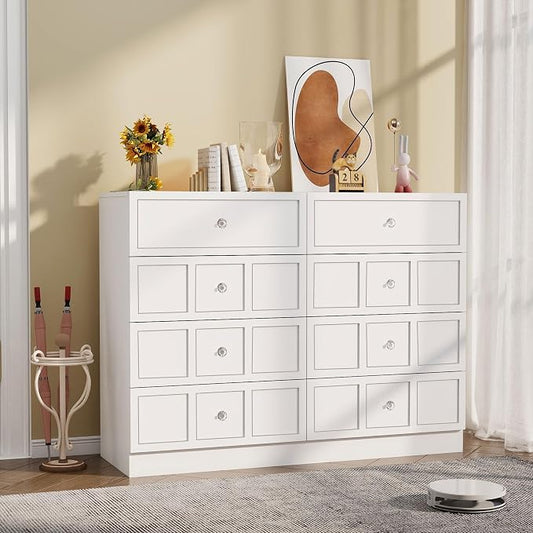 8 Drawer Dresser for Bedroom: 47" White Wide Tall Dressers for Bedroom, Modern Fluted Dresser with Deep Drawers, Wooden Chest of Drawers for Living Room