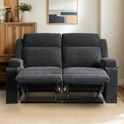 55" RV Loveseat Recliner – Space-Saving Double Reclining RV Sofa, Compact Theater Seating with Cup Holders & Storage Pocket, Black Chenille Couch for Camper, Motorhome & Home Theater