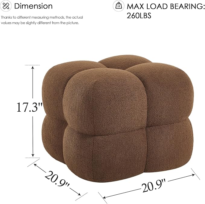 Zesthouse Square Pouf Ottoman Footstool, Modern Backless Vanity Chair for Bedroom, Boucle Poofy Footrest for Couch, Upholstered Tufted Footstool, Fabric Ottoman Coffee Table for Living Room Rust Brown