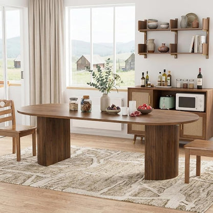 43-95 Inch Oval Extendable Dining Table for 4-10, Fluted Space Saving Long Round Kitchen Table with 3 Leaf, 2 Storage, Mid Century Modern Dining Room Dinner Table for Living Room, Walnut