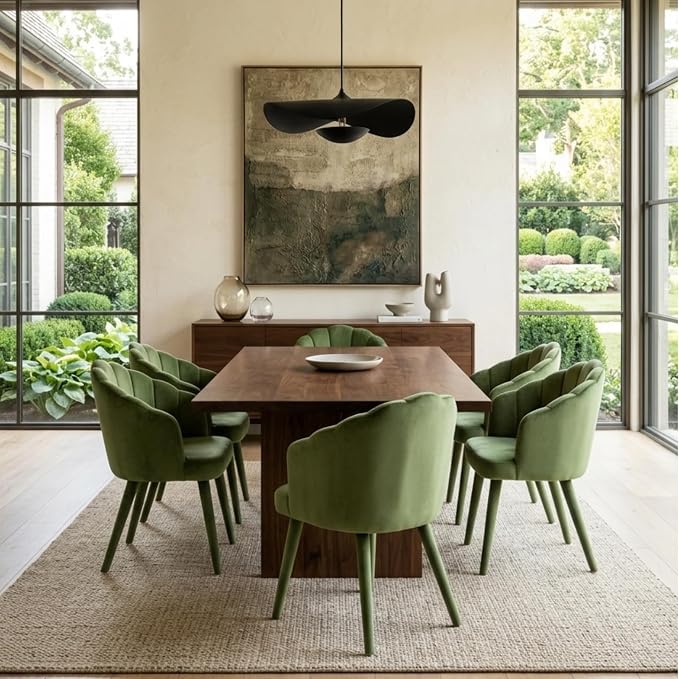 Hyfirm Velvet Dining Chairs Set of 6, Upholstered Modern Kitchen Dining Chairs with Petal Back & Fabric Covered Wooden Legs, Comfy Accent Armchairs for Bedroom/Kitchen/Vanity, Olive