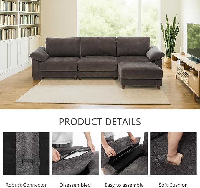 Oversized Modular Cloud Couch with Removable Washable Cover, L Shaped Sectional for Large Living Room,Sofa Plush Chenille & Deep Seat（Grey）
