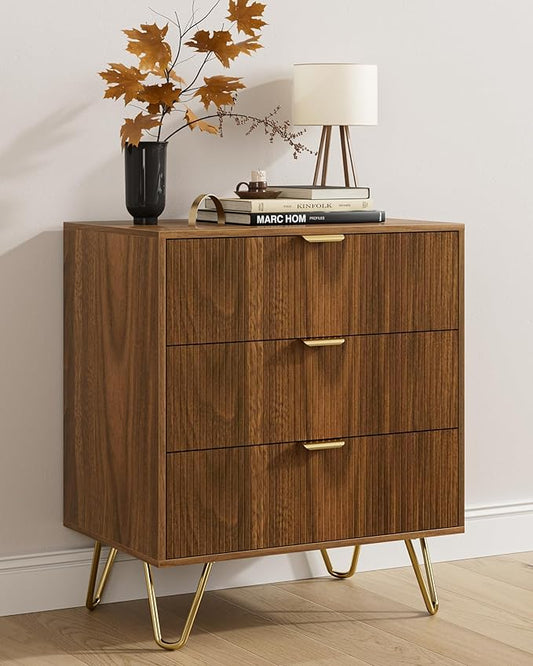 Walnut Dresser for Bedroom, Modern Fluted 3 Drawer Dresser with Storage, Dresser Chest of Drawers with Gold Handles for Bedroom, Living Room, Closet, Hallway, 15.8" D x 23.6" W x 27.6" H