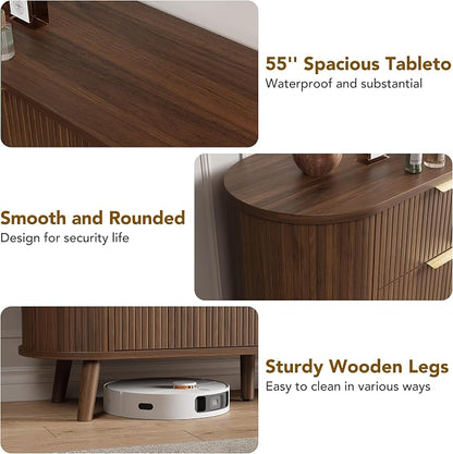 Decofy Fluted 6 Drawers Dresser, 55'' Wide Mid Century Modern Chest of Drawers with Sliding Door & Metal Handles, Curved Profile & Sturdy Legs, Wood TV Stand for Bedroom, Living Room (Walnut)