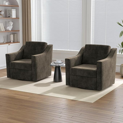 Swivel Accent Chairs Set of 2, 360° Swivel Upholstered Club Armchairs for Living Room, Comfy Single Sofa Reading Chair with Deep Seat, Metal Swivel Base, Chenille Fabric, Light Coffee