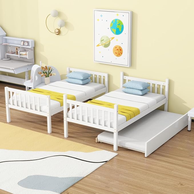 Merax Twin-Over-Twin Bunk Bed with Movable Trundle, Solid Wood Detachable Bunk Bed with Safety Guardrial and Ladder, Can be Converted Into 3 Separate Beds(White)