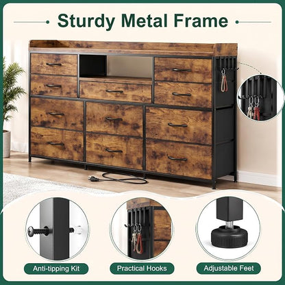 Bepatio LED Dresser for Bedroom with 11 Drawers,Power Strip,4 Hooks,Brown | Stylish Dressers & Chests of Drawers with 2 Wood Storage Shelves, TV Stand for 50/55/60 Inch TVs, Sturdy Metal Frame