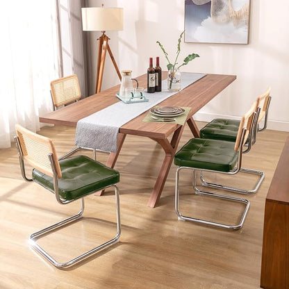 Zesthouse Natural Rattan Dining Chairs Set of 4, Mid Century Modern Dining Room Chairs with Chrome Leg, Faux Leather Kitchen Chair with Solid Wood Back & Cane Mesh, Breuer Cesca Design Inspired, Green