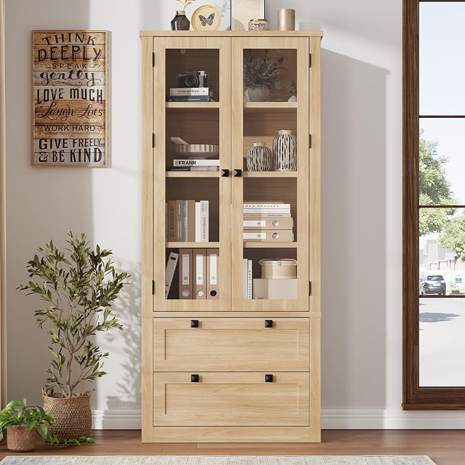 71" Tall Kitchen Pantry Cabinet - Modern Display Storage Cabinet with 2 Large Drawers, Glass Doors, and Adjustable Shelves, Farmhouse Kitchen Cupboard for Dining Room, Bathroom, Living Room, Natural