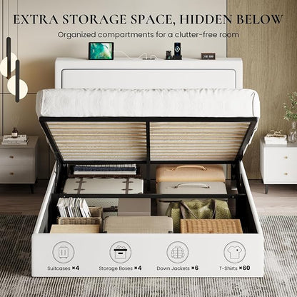 SHA CERLIN Queen Size Hydraulic Lift-Up Storage Platform Bed Frame with Charging Station, RGB LED Lights, Adjustable Velvet Headboard, USB-A and USB-C Ports, No Box Spring Needed, White