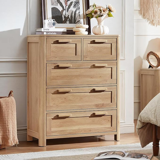 Joaxswe Farmhouse 5 Drawer Dresser for Bedroom, Vertical Dressers Chest of Drawers with 5 Deep Drawers & 4 Thickened Table Legs, Natural Wood