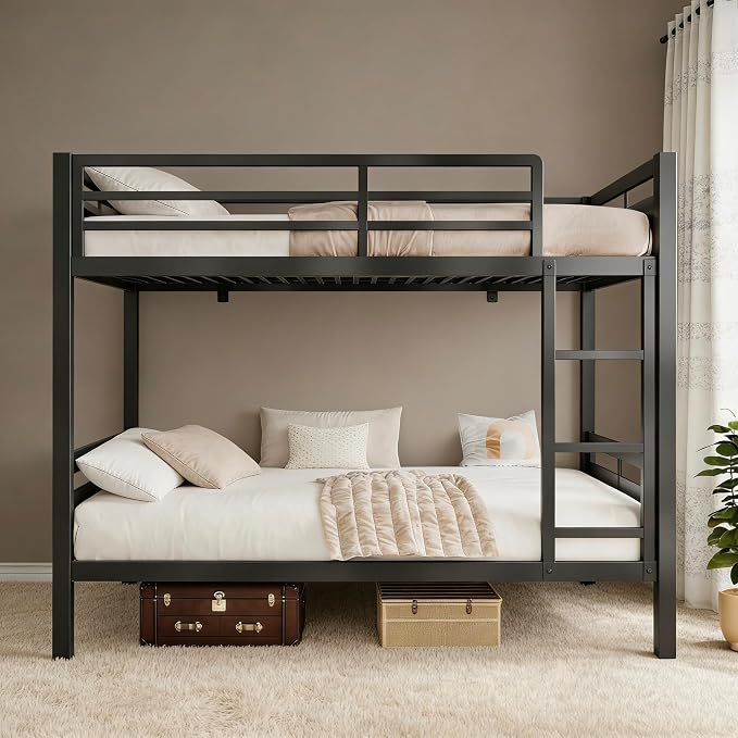 Bunk Bed Full Over Full, Heavy Duty Metal Bunkbeds with Full-Length Guardrail, Space-Saving Steel Bed for Kids & Adults, No Box Spring Required, Black