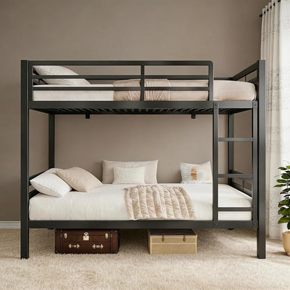 Bunk Bed Full Over Full, Heavy Duty Metal Bunkbeds with Full-Length Guardrail, Space-Saving Steel Bed for Kids & Adults, No Box Spring Required, Black