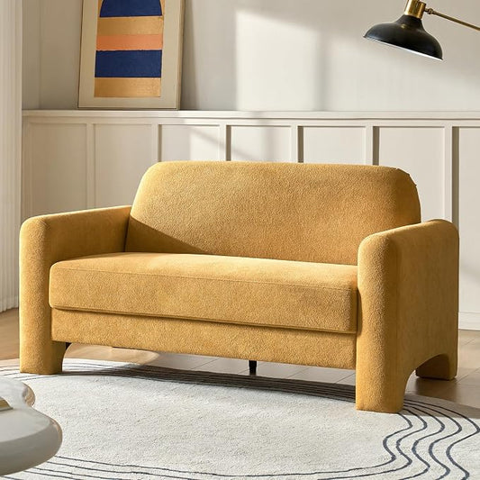 HULALA HOME 60" Modern Curved Loveseat Sofa, Comfy Chenille Couch Small Love Seat with Wrapped Armrests, 2 Seater Sofa for Living Room, Easy Assembly, Camel
