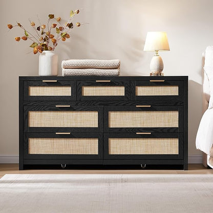 SICOTAS 7 Drawer Dressers for Bedroom Set 2, Long Rattan Dresser, Dresser TV Stand, Closet Organizer Chest of Drawers, Clothes Storage Dressers (Black Oak, 7 Drawers (2 pcs))