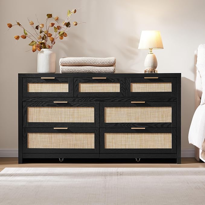 SICOTAS 7 Drawer Dresser for Bedroom, 57" Wide Rattan Dressers, Large Chest of Drawers for Bedroom, Dresser TV Stand, Boho Closet Organizer (Black Oak, 7 Drawers (1 pc))