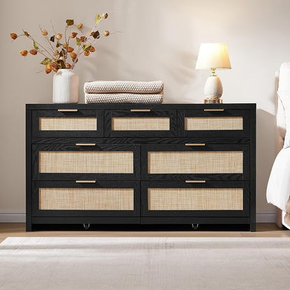 SICOTAS 7 Drawer Dresser for Bedroom, 57" Wide Rattan Dressers, Large Chest of Drawers for Bedroom, Dresser TV Stand, Boho Closet Organizer (Black Oak, 7 Drawers (1 pc))