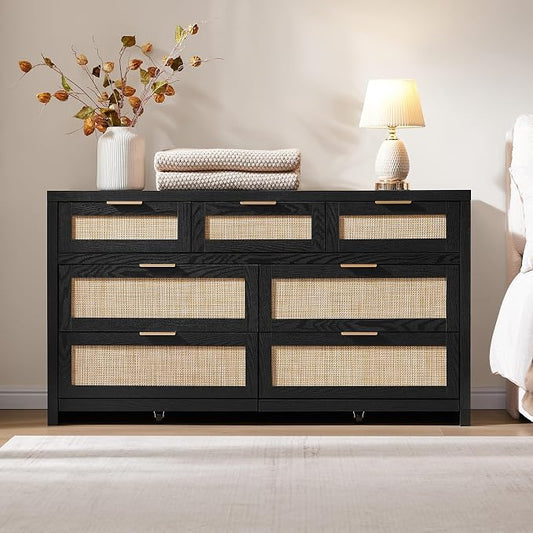SICOTAS 7 Drawer Dresser for Bedroom, 57" Wide Rattan Dressers, Large Chest of Drawers for Bedroom, Dresser TV Stand, Boho Closet Organizer (Black Oak, 7 Drawers (1 pc))