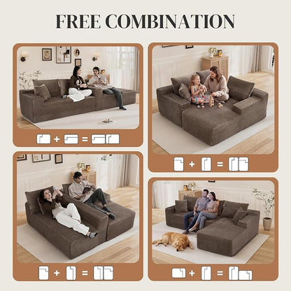 108" L Shaped Cloud Boneless Sectional Couches for Living Room, Modern Comfy Modular Deep Seat Memory Foam Compressed Corduroy Sofa Oversized Right Facing Chaise, No Assembly Required, Brown