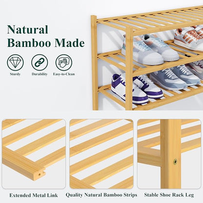 Smiry Bamboo Shoe Rack, 4 Tier Free Standing Wooden Shoe Organizer, Stackable Wood Shoe Storage Shelf for Closet, Entryway, 14 Vertical Slats, 2+2 Stack Heavy-Duty Legs, 26.8"x11"x26", Natural