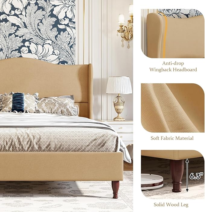 koorlian King Size Bed Frame Upholstered Platform Bed with 51'' Tall Fabric Headboard and Wooden Slats Support, Retro Minimalist Style/Fully Upholstered/Easy Assembly, Warm Brown