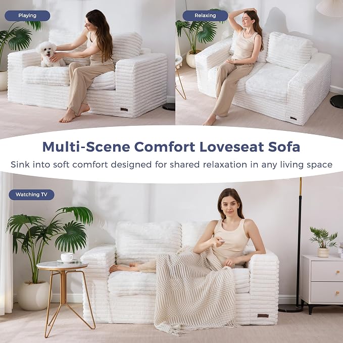 MAXYOYO Boneless Loveseat Sofa Couch for Adults, Floor Bean Bag Couch Sofa | Faux Fur Sofa with Armrests and Back Support, Plush Foam Filled Lounge Couch, Cozy Bean Bag Couch for Living Room, Apartment