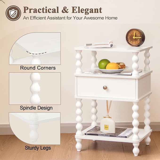 AWASEN White Nightstand, Bed Side Table Bedroom with Drawer, 3-Tier Small Night Stand End Table with Storage for Small Spaces &Solid Wood Spindle Legs, White