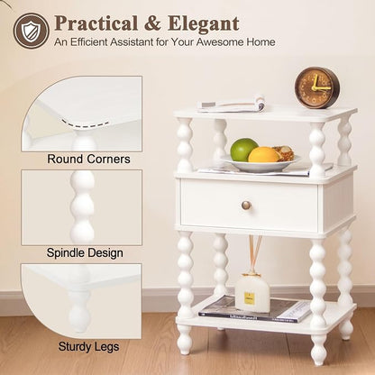 AWASEN White Nightstand, Bed Side Table Bedroom with Drawer, 3-Tier Small Night Stand End Table with Storage for Small Spaces &Solid Wood Spindle Legs, White