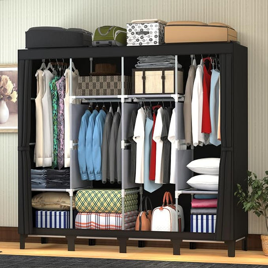 Non-Woven Wardrobe, No Tools Required, Large Capacity, Easy Assembly, Movable, Storage Rack, Waterproof, Dustproof, Stain Resistant, Black, 67.7 x 172 cm (Black, X-Large)
