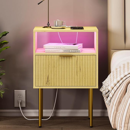 JOONEE Nightstand with Charging Station, Bedside Table with Storage Drawer, Fluted Side Table for Living Room, Bedroom