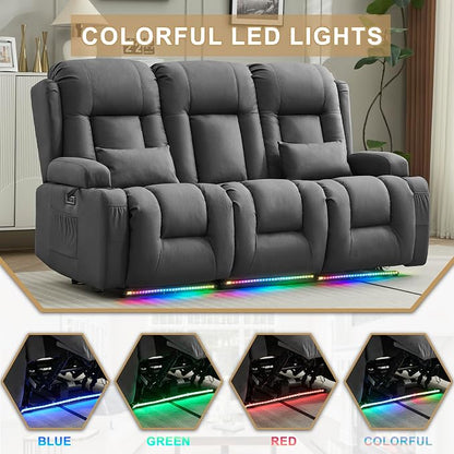 URRED Power Loveseat Recliner Sofa with Massage and Heat, Wall Hugger Reclining Loveseat with Console, RV Couch Home Theater Seating with LED Lights for Living Room (Gray, 76.8" - 3 Seats)