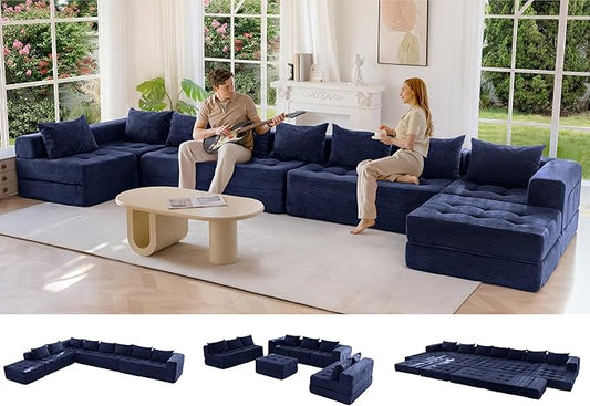 MAXYOYO Modular Sectional Sofa Couch, Foldable Oversized U Shaped Cloud Couch with Pillows, Tufted Boneless Lounger Floor Sofa Bed for Living Room, No Assembly Required, Navy