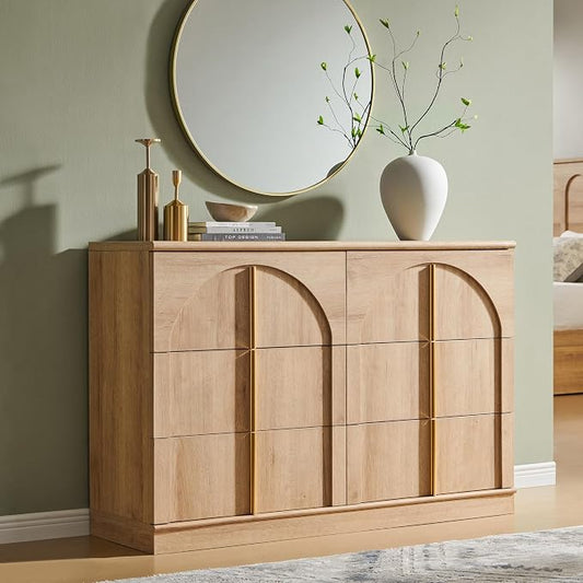 ACCOHOHO Arched Dresser for Bedroom with 6 Drawers, 47.3" Wide Modern Chest of Drawers with Rounded Edge & Metal Handles, Wood Storage Closet Dressers TV Stand for Living Room, Hallway, Oak