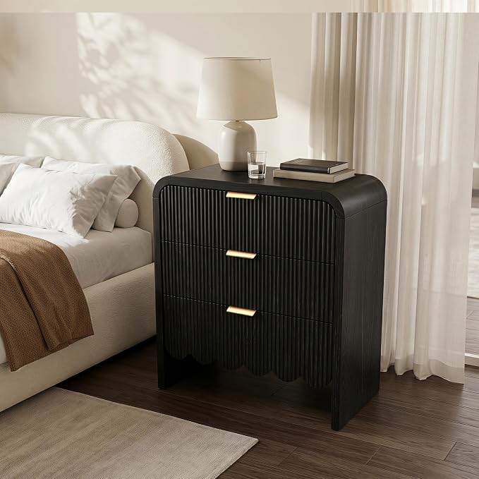 Scalloped Black 3 Drawer Dresser for Bedroom, 32'' Wide Large Drawer Nightstand,3 Drawer End Table Living Rooms, Offices, and Entryway